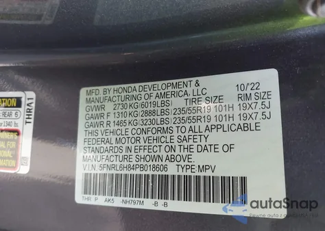 2023 Honda Odyssey Touring из США, поврежденный, VIN 5FNRL6H84PB018606